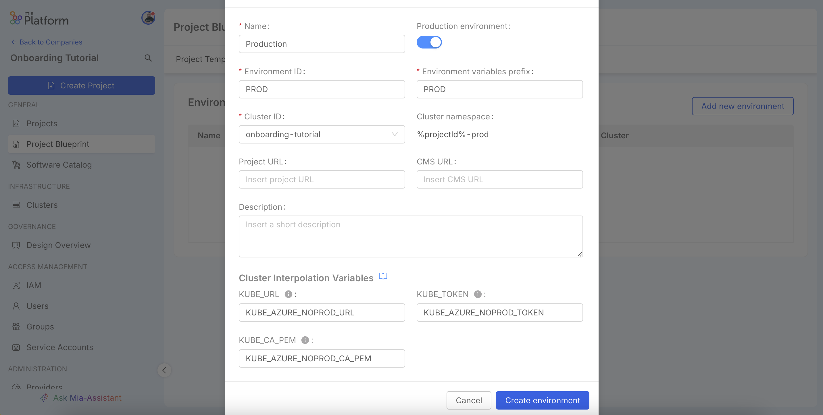 Modal to configure a new runtime environment.