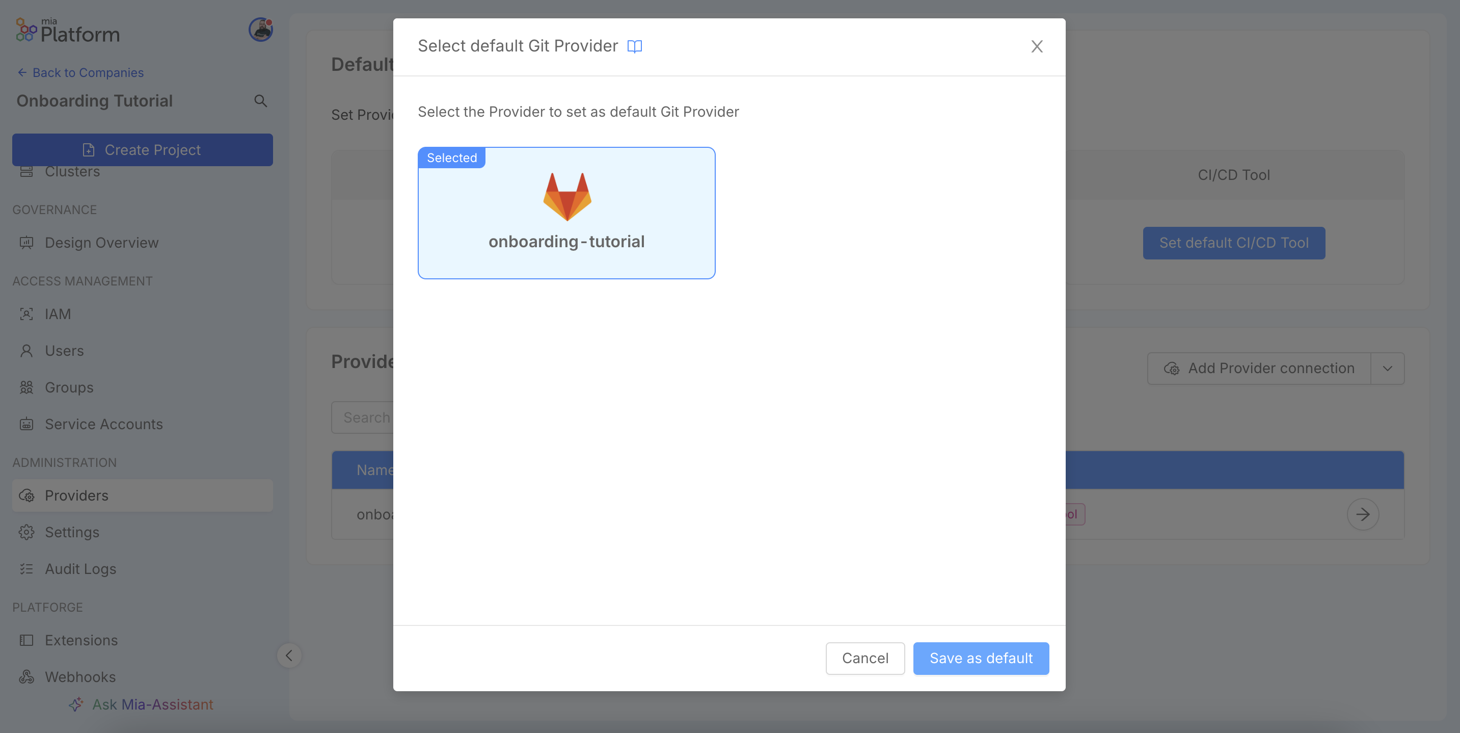 Modal to set the default Git Provider.
