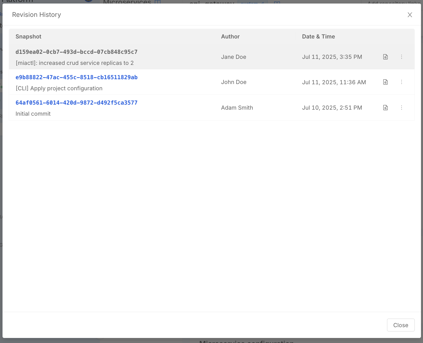 miactl project apply snapshot is shown on revision history