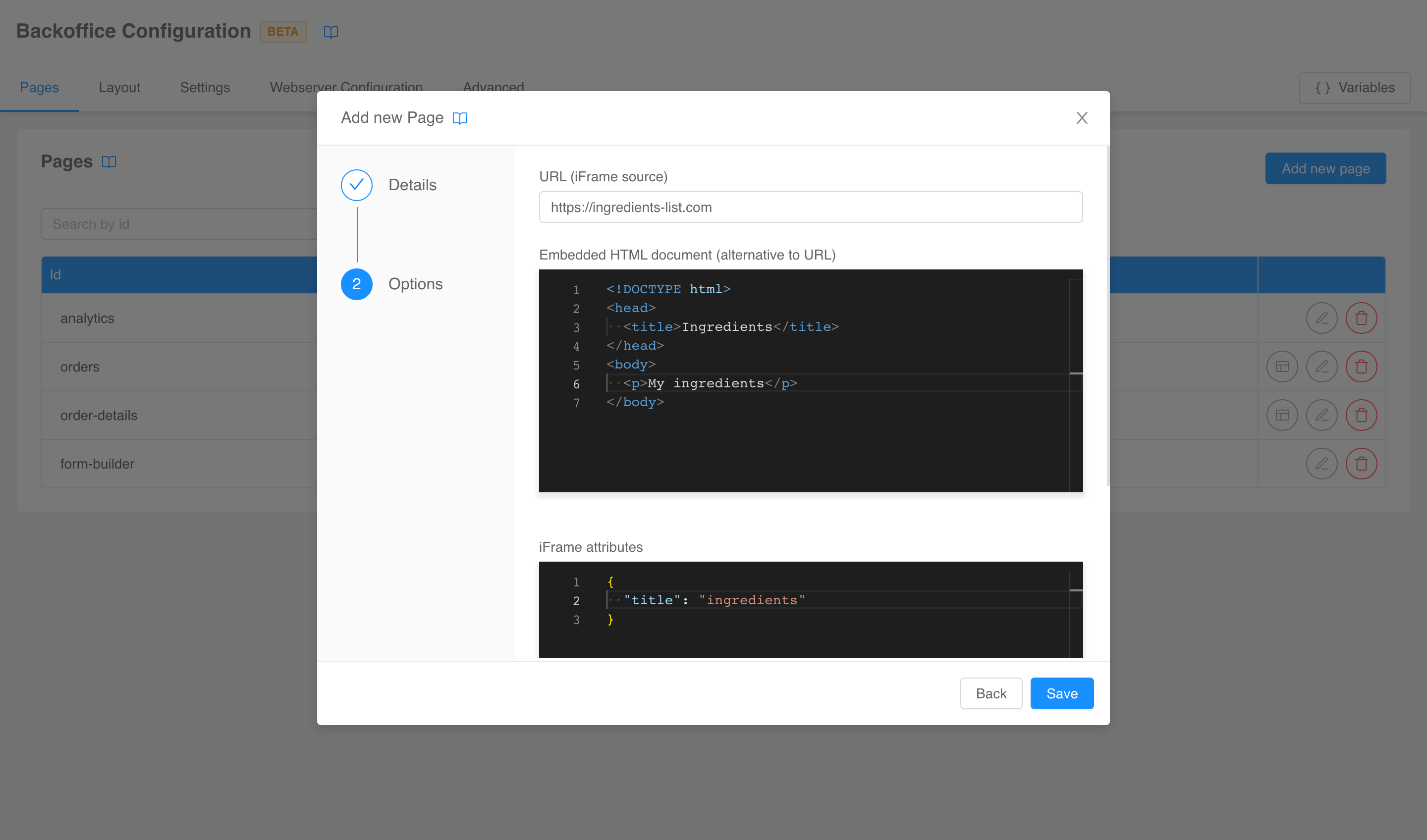 Page iframe options