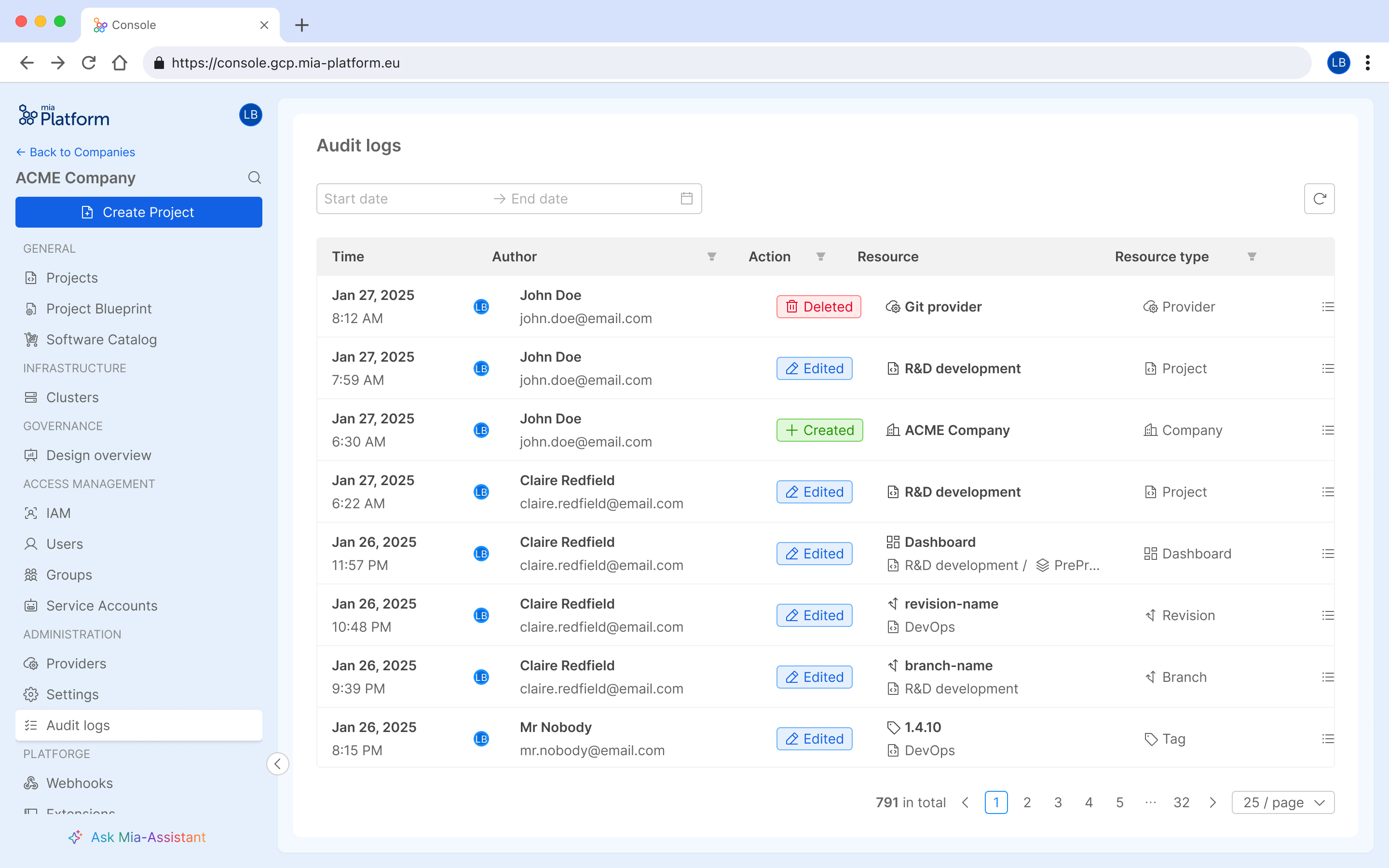Audit logs table